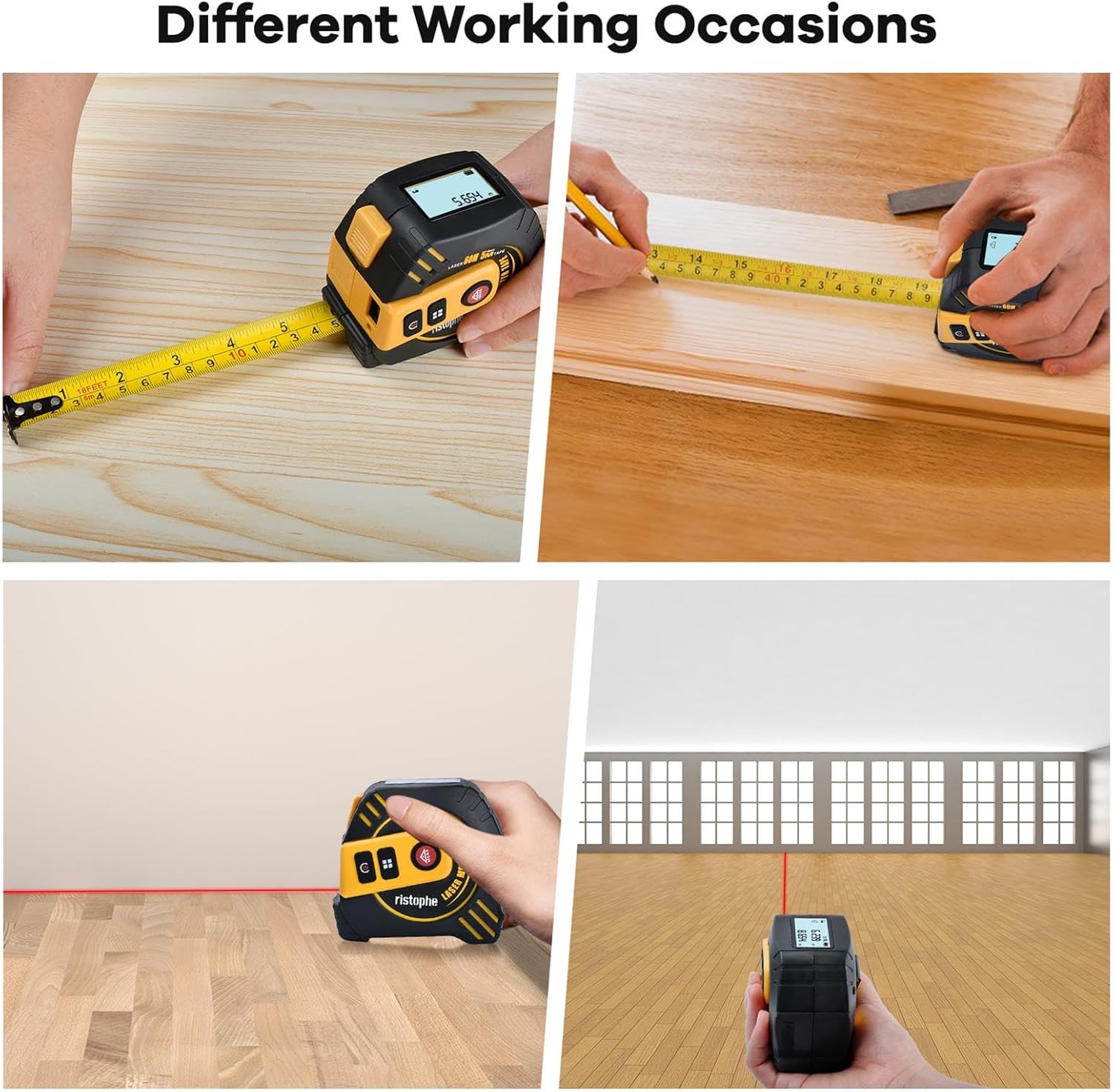 2-in-1 Laser Tape Measure, 197Ft Laser Measuring Tool & 16Ft Measuring Tape with Magnetic Hook - Pythagorean/Area/Volume Digital Tape Measure for Construction & Woodworker (M/in/Ft Unit)