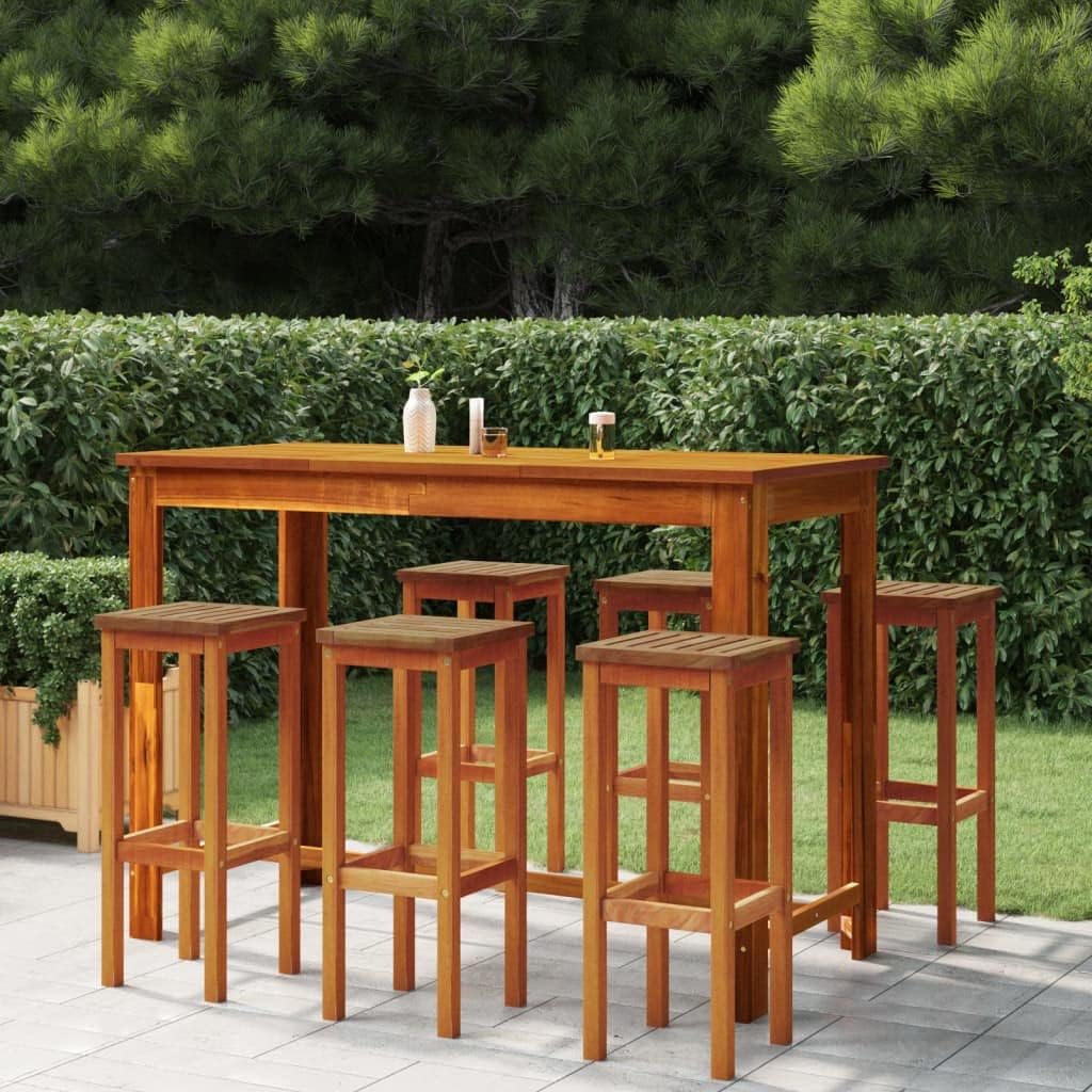 7 Piece Patio Bar Set Solid Wood Acacia, Outdoor Patio Furniture Set with 1 Table and 6 Bar Stool for Backyard, Garden -3949 -AA