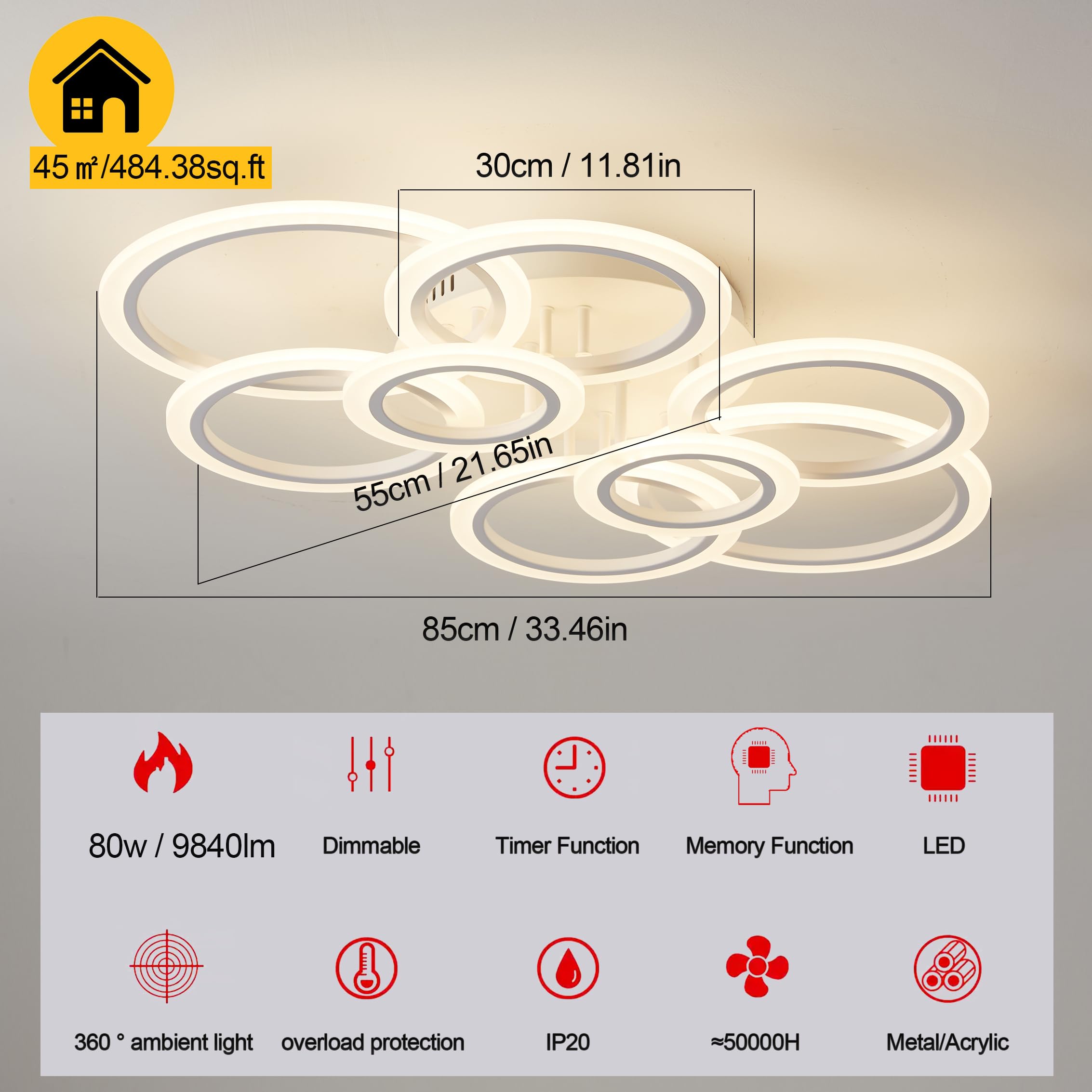 Narwhal Plafoniera LED Soffitto Dimmerabile Anello Design Moderna Lampadari, Lampade a Sospensione e Plafoniere Bianco per Soggiorno Camera da letto Cucina Commerciali Lampadario con Telecomando