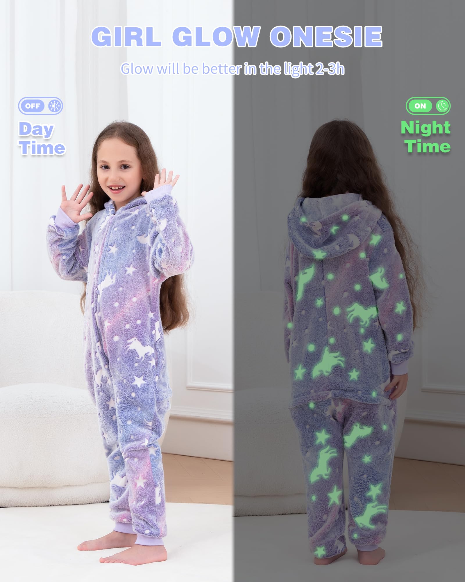 KAKU NANU Pijama para niñas de 2 a 10 años | Pijama de Felpa fosforescente con Capucha | Cremallera y Bolsillos | Regalo Ideal