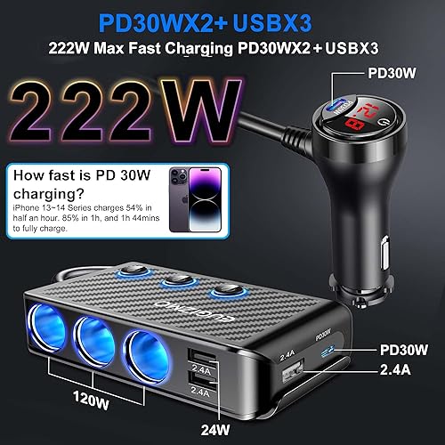 Miniatura 2 de Adaptador divisor de enchufe para encendedor de cigarrillos, 222 W, enchufe de alimentación multipuerto, adaptador de cargador de coche para toma de