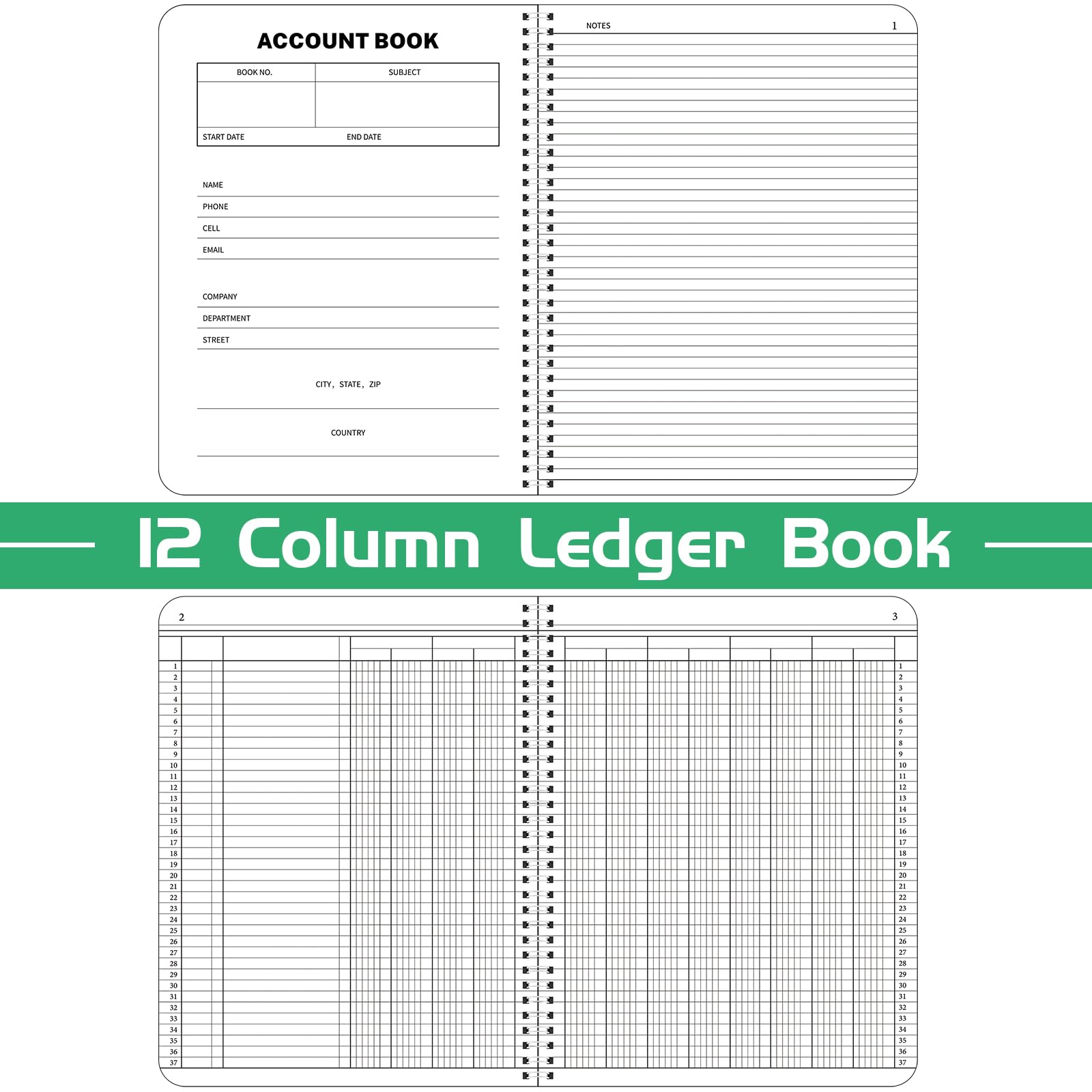 Sayglossy Juego de 2 libros contables de 8.5 x 11 pulgadas, libros columnares, cuaderno de contabilidad, libro de registro columnar para negocios, Wire-O, 100 hojas/juego (12 columnas)