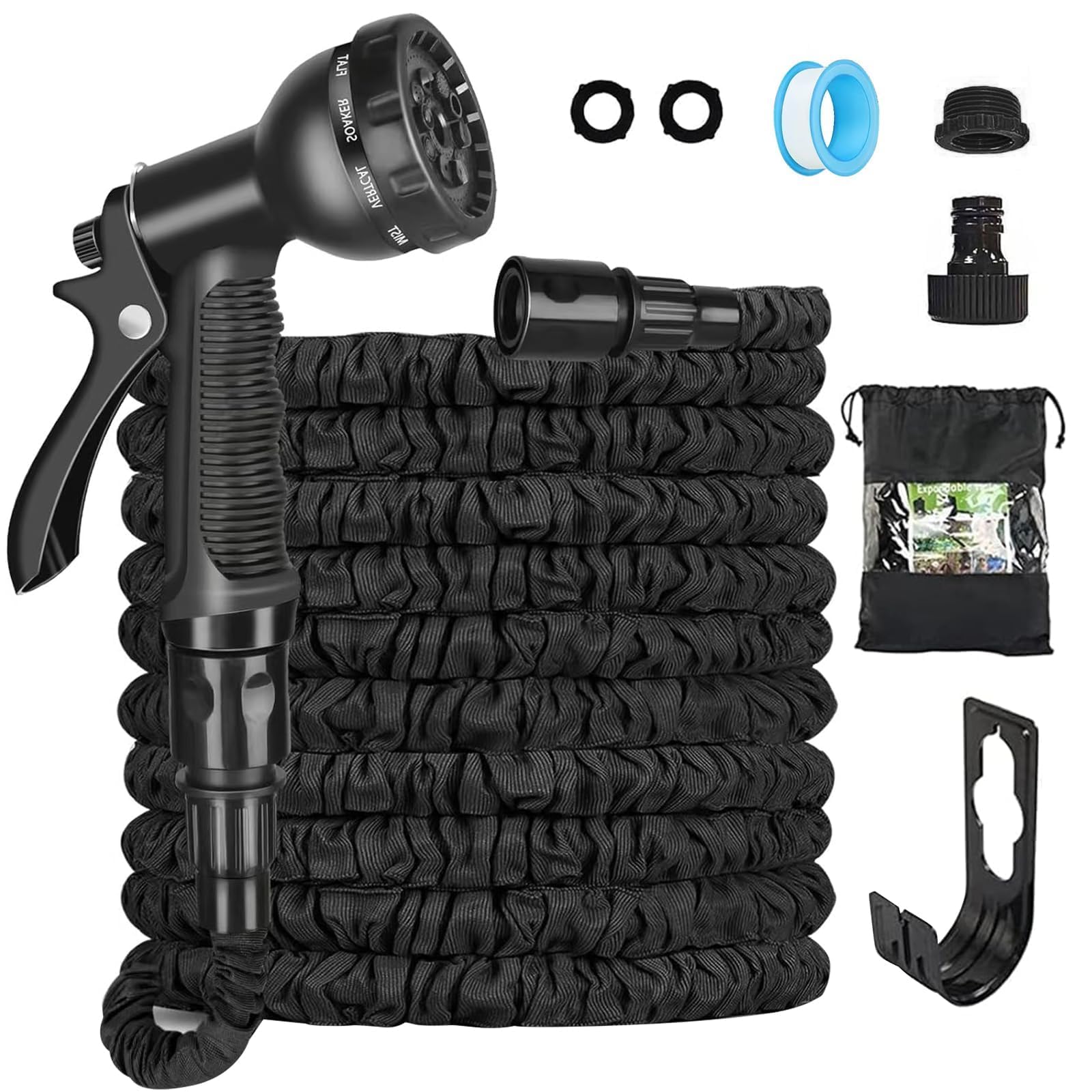 Expandable Garden Hose Pipe 30m/100ft, Heavy Duty Flexible with 7-Function Spray Gun, 3/4" 1/2" Fittings, Double Layer Latex Core Hosepipe, Durable & Anti-Leak Kink Free (Black) — view 9