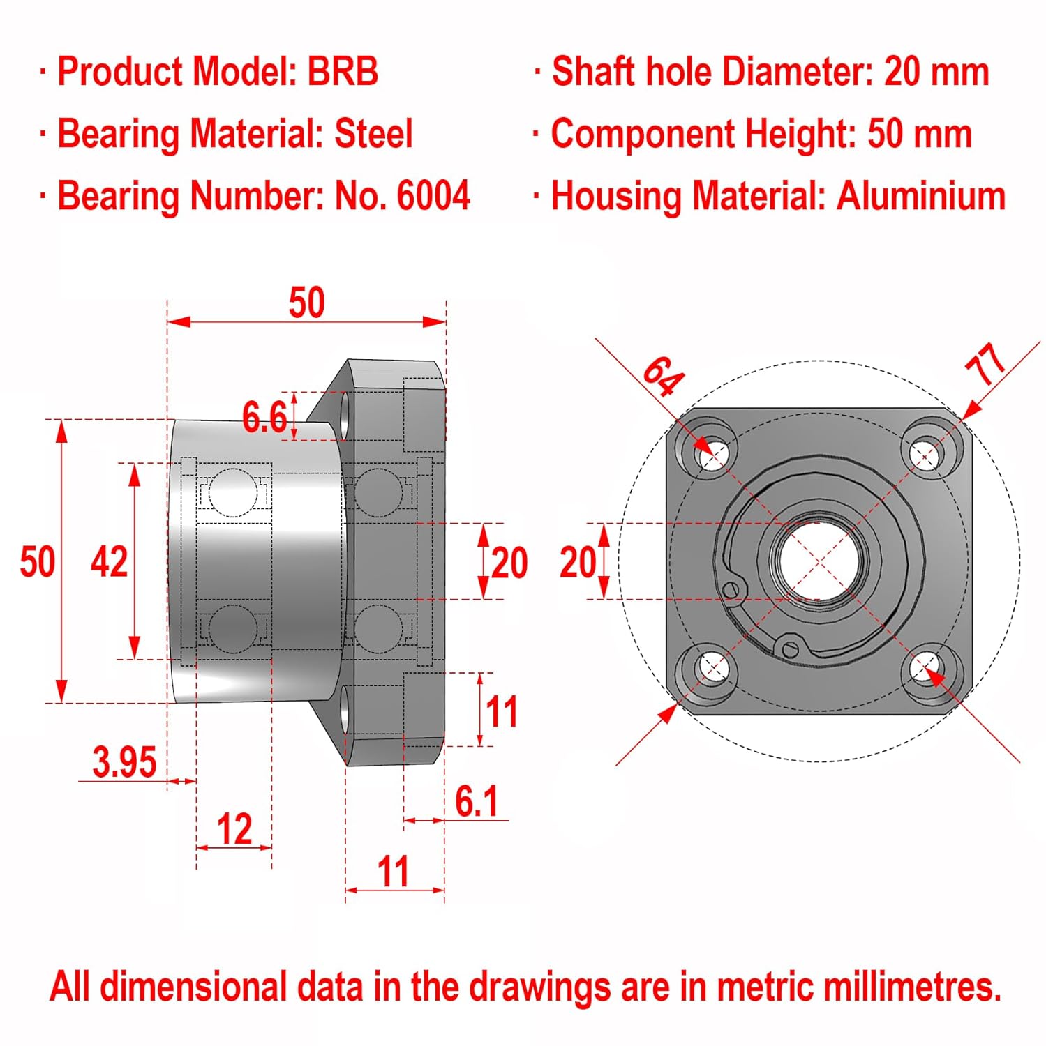 AUZHU- BRB - Metric- Double Bearings with Housing, Aluminium Alloy Round Flange Seat, Configurable Length, Deep Groove Ball Bearings with Retaining Ring Size: D 20 mm, L 50 mm, Bearing No.6004