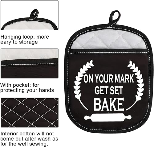 Miniatura 3 de WCGXKO Almohadillas para horno inspiradas en Baking Show con bolsillo On You Mark Get Set Bake (Get Set Bake negro)