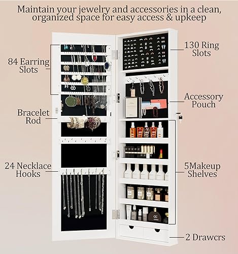 Miniatura 4 de BOSTANA Organizador de joyas, armario de joyería con puerta de espejo de pared o montado, espejo con cerradura con almacenamiento de 2 cajones,