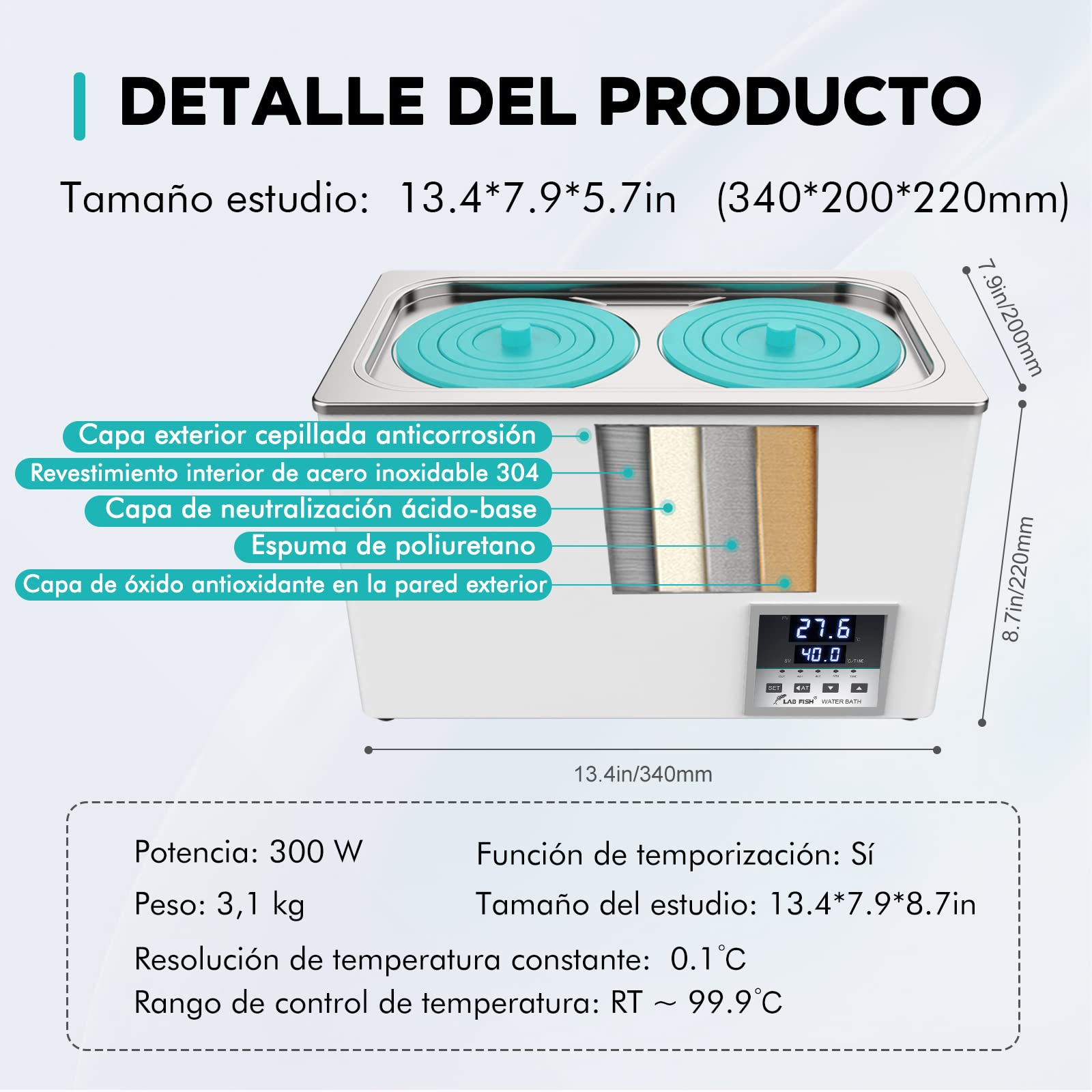 LAB FISH Baño María Baño de Agua Termostatico Laboratorio 6L, 600W - Doble Abertura, Acero Inox - Termostato Preciso ±0,1°C - Temporizador 0-999min - Pantalla LED