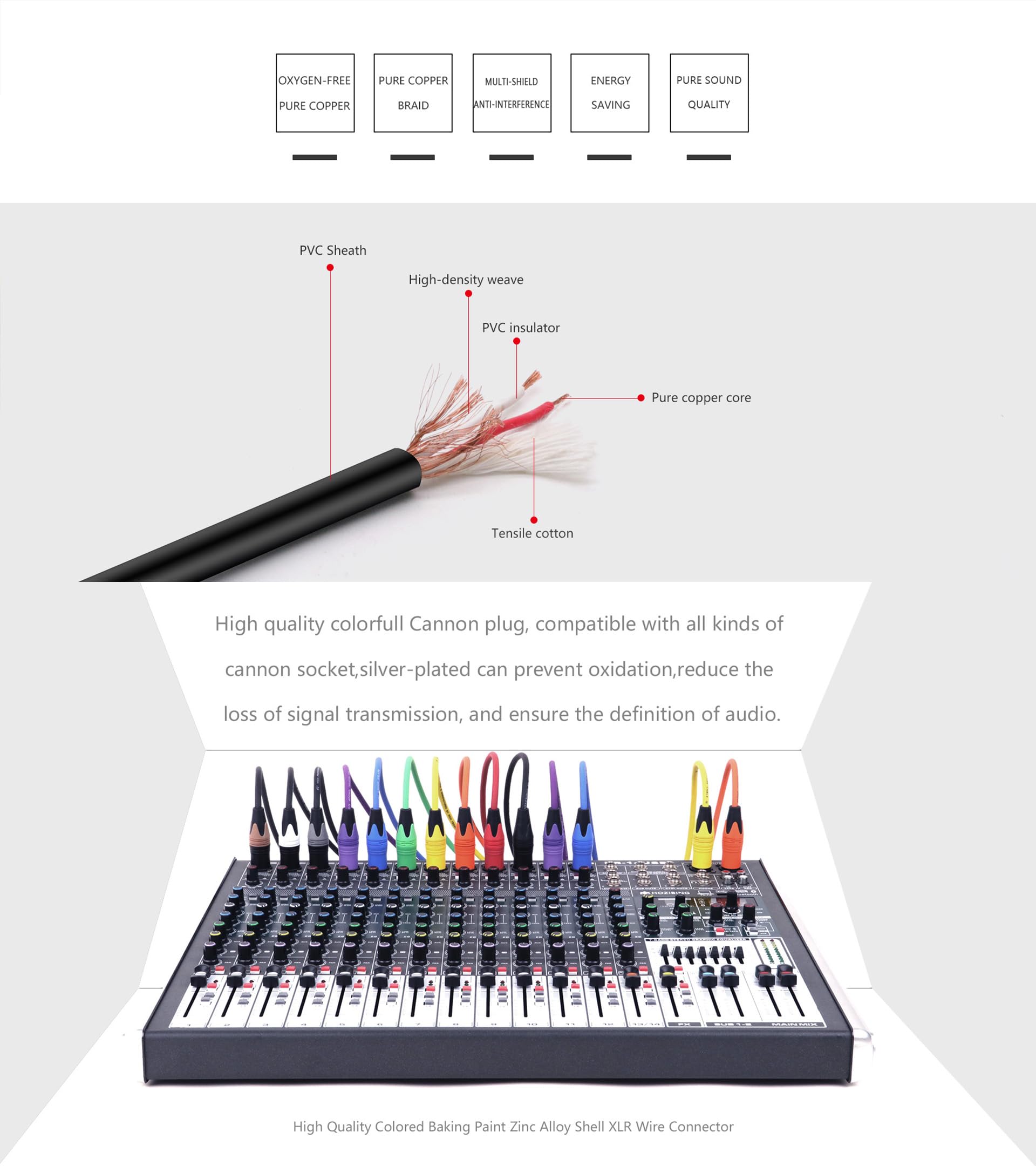 Cavo microfono XLR a XLR maschio a femmina, cavo per microfono a 3 pin, schermato bilanciato, 27 AWG, OFC XLR per mixer microfono, studio di registrazione, podcast, multicolore, connettori in lega di
