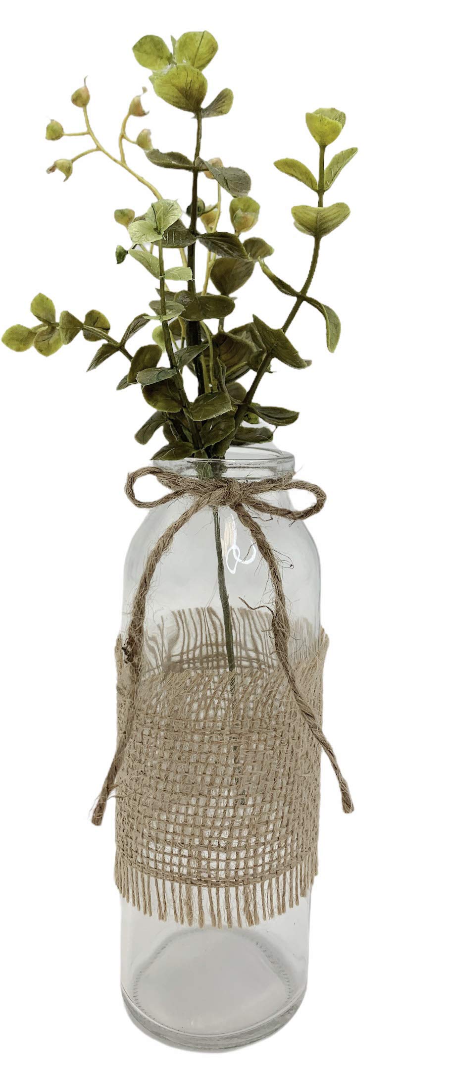Glass Bottle Jar with Flowers/Greenery *Burlap & Jute Bow *Farmhouse Decor Distressed Rustic Country Decor *Eucalyptus, Baby's Breath, or Pepper Grass