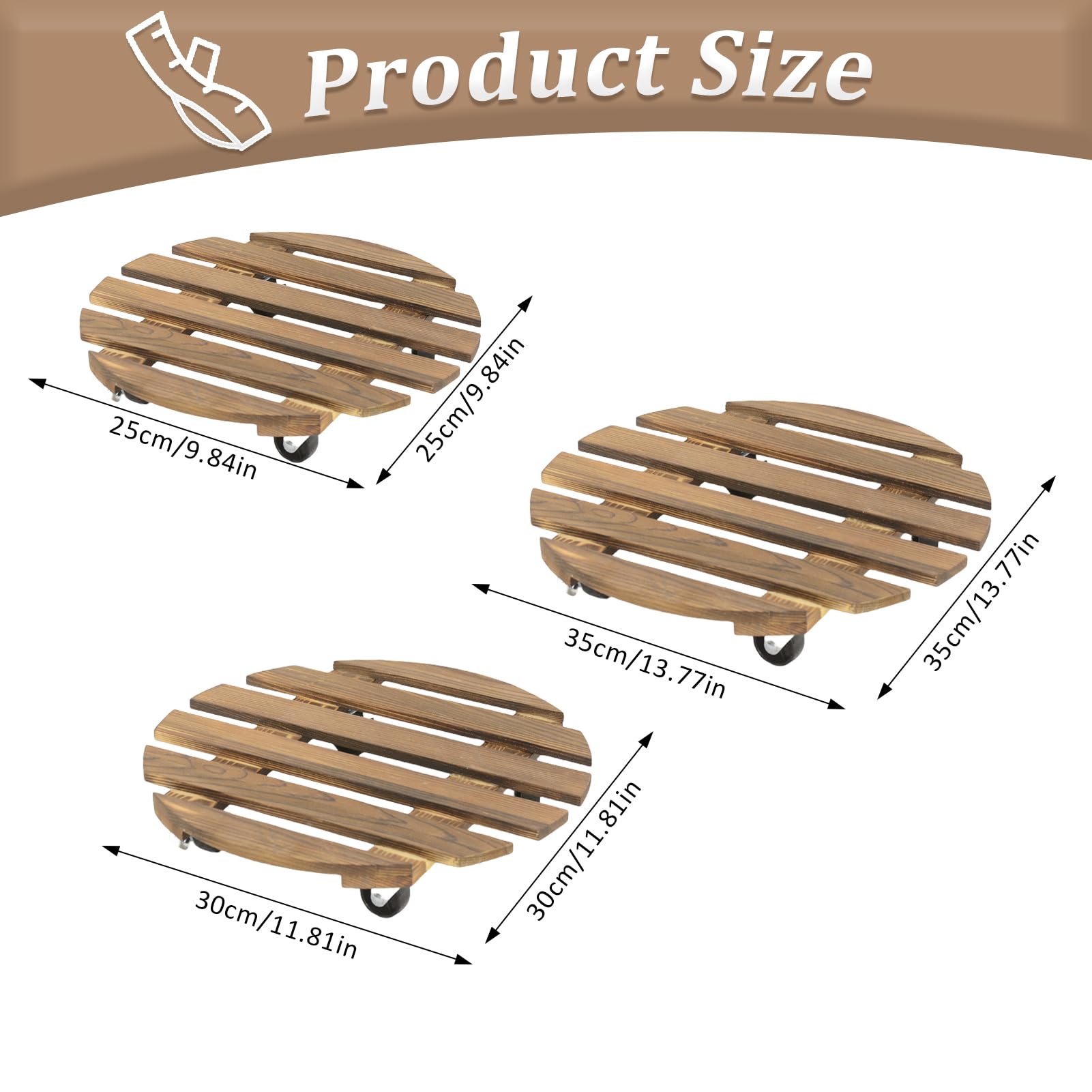 Pflanzkorb aus Holz mit Rädern, 35 cm, rundes Rolltablett, Buchen-Pflanzgefäßständer, Blumentopf-Basis, langlebige Edelstahl-Räder, leicht zu bewegen