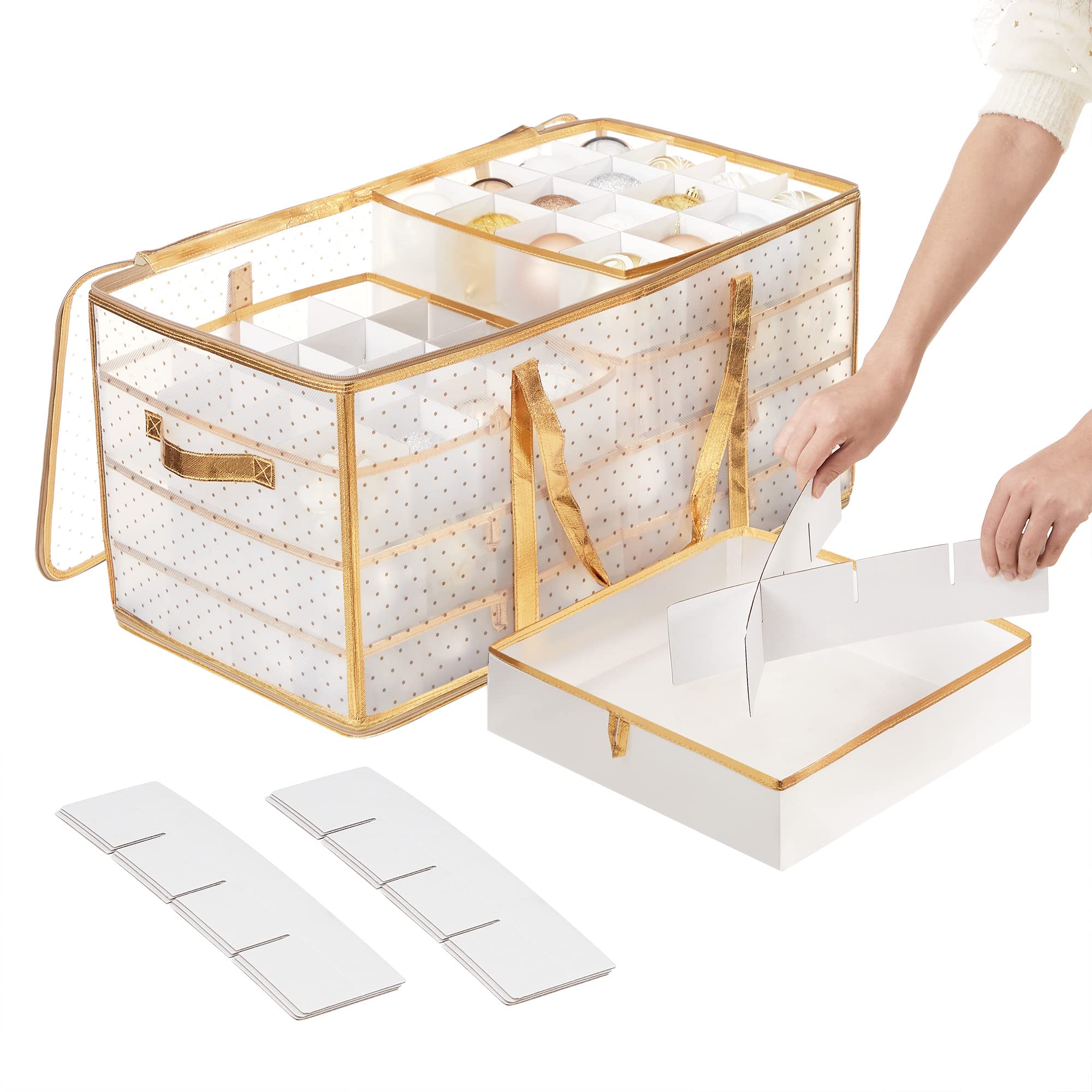 SONGMICS Pudełko do przechowywania, pudełka na bombki świąteczne, dekoracje świąteczne, 128 przegródek, regulowane przegródki, 67 x 34 x 34 cm, półprzezroczyste złoto RFB029A01