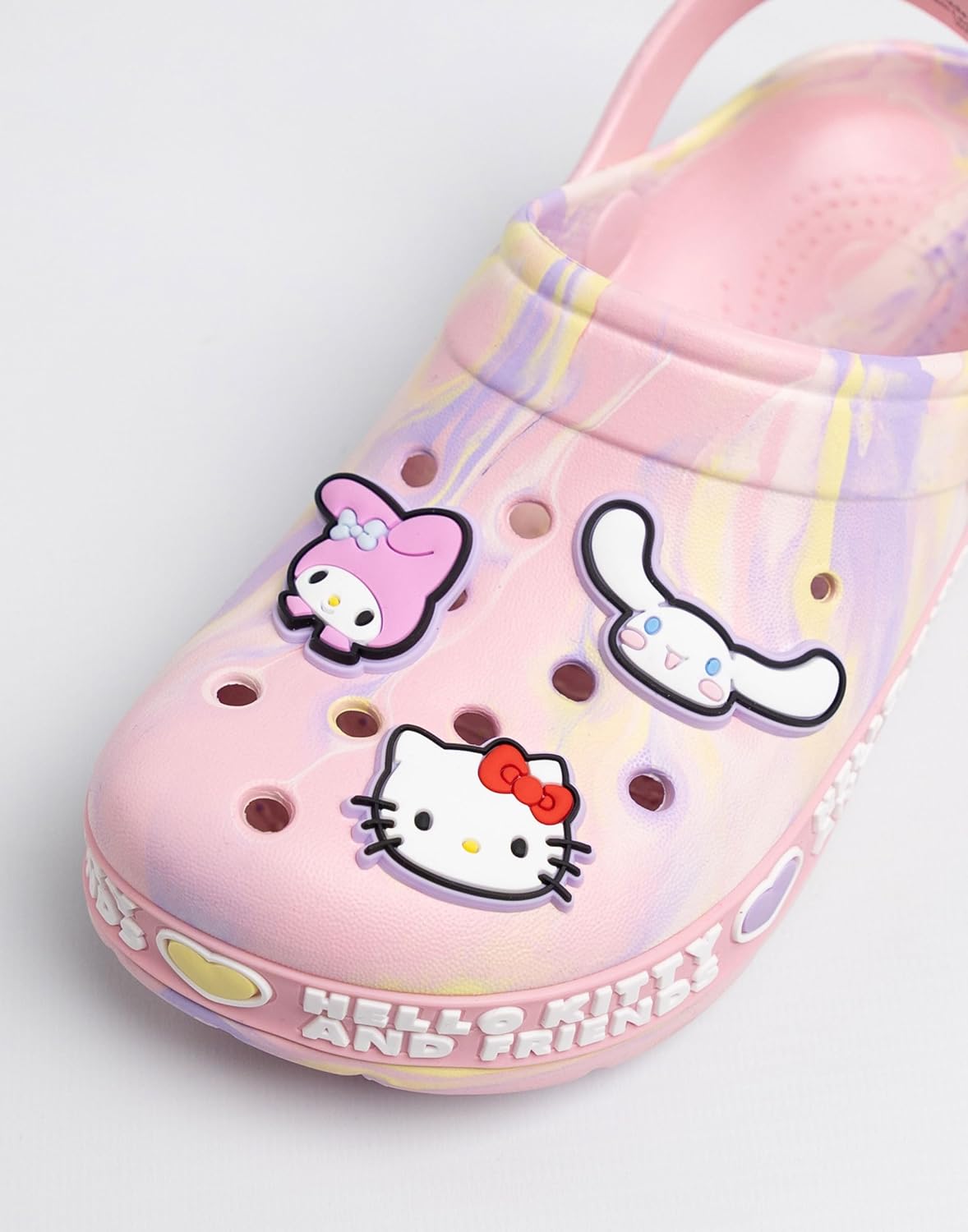 Hello Kitty Girls Pink Character Clogs | Ventilation Holes & Adjustable Back Strap | Marble Print with Character Charms