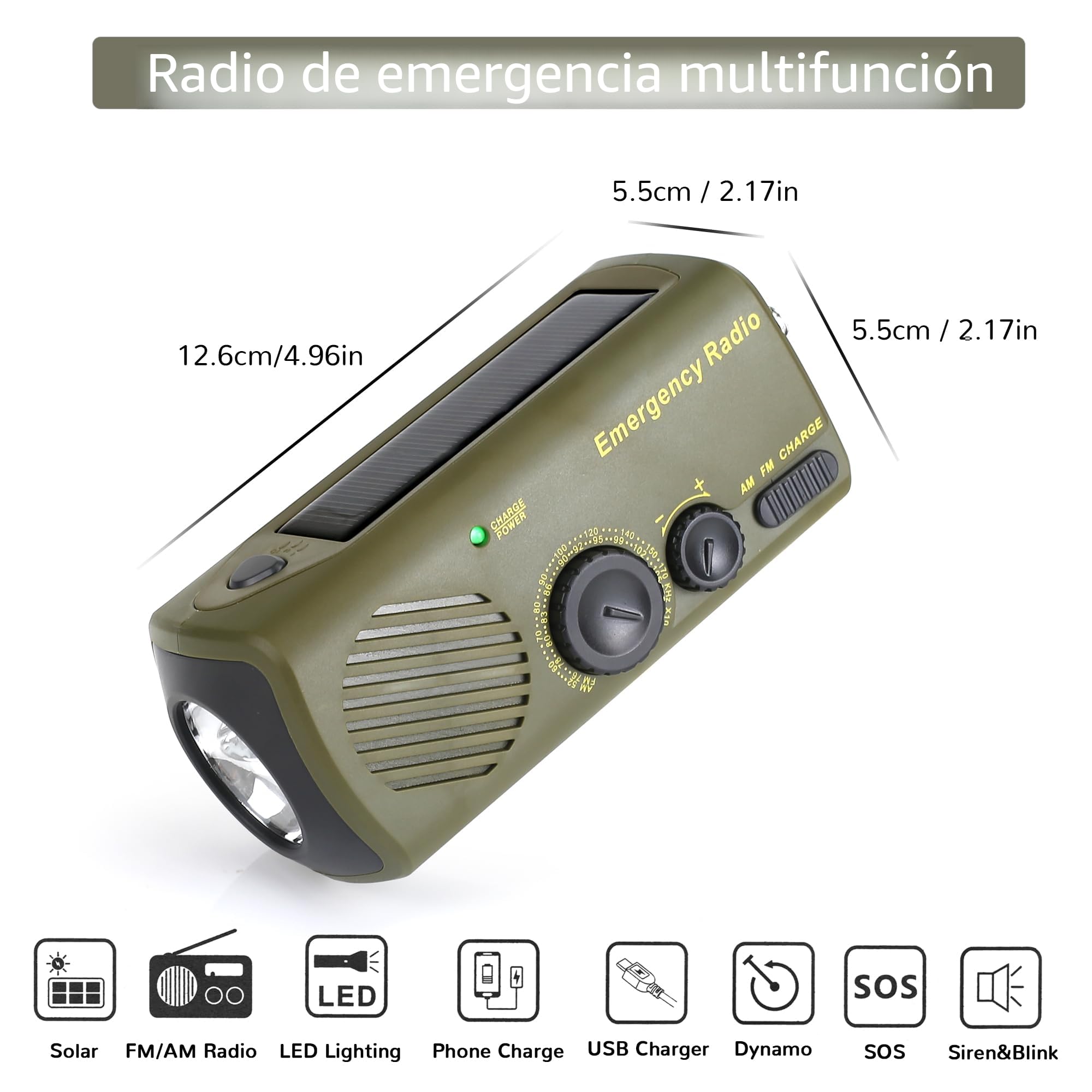 Radio solar de emergencia URPRO, radio portátil de manivela con AM/FM, batería externa recargable 3000mAh, alarma SOS, linterna LED, cargador USB para teléfono móvil, para camping y senderismo