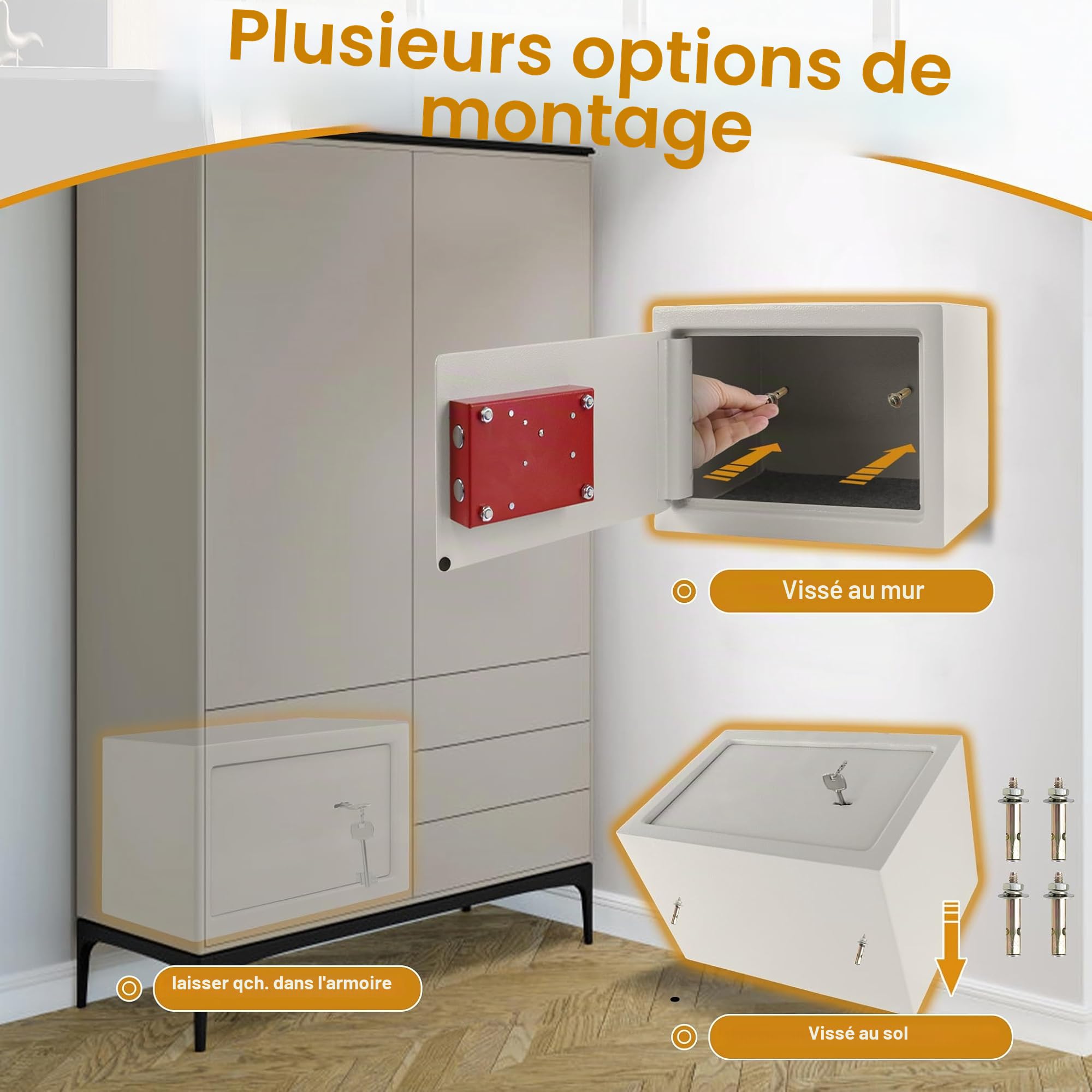 LZQ Tresor Coffre-fort avec serrure à double panneton, coffre-fort avec serrure à clé, coffre-fort mural, armoire à monnaie, sol avec 2 clés, 31 x 20 x 20 cm, argenté