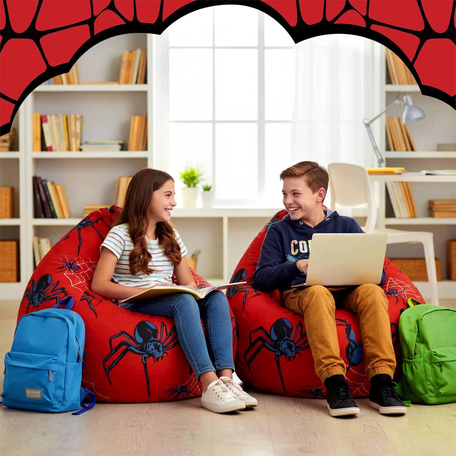 Boao Stuffed Animal Storage Bean Bag Chair Cover (No Filler) Washable Canvas Beanbag Chair Bean Bag Cover with Zipper for Organizing Plush Toy or Textile Sack Beanbag(1 Pc,Spider,27 Inches)