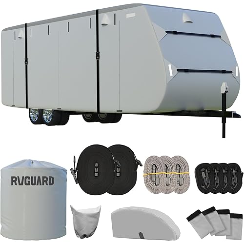 RVGUARD RV Cover, Travel Trailer Cover fits for 27' - 30' RV, 6 Layers Anti-UV Waterproof Camper Cover, with Tongue Jack Cover and Storage Bag, Grey