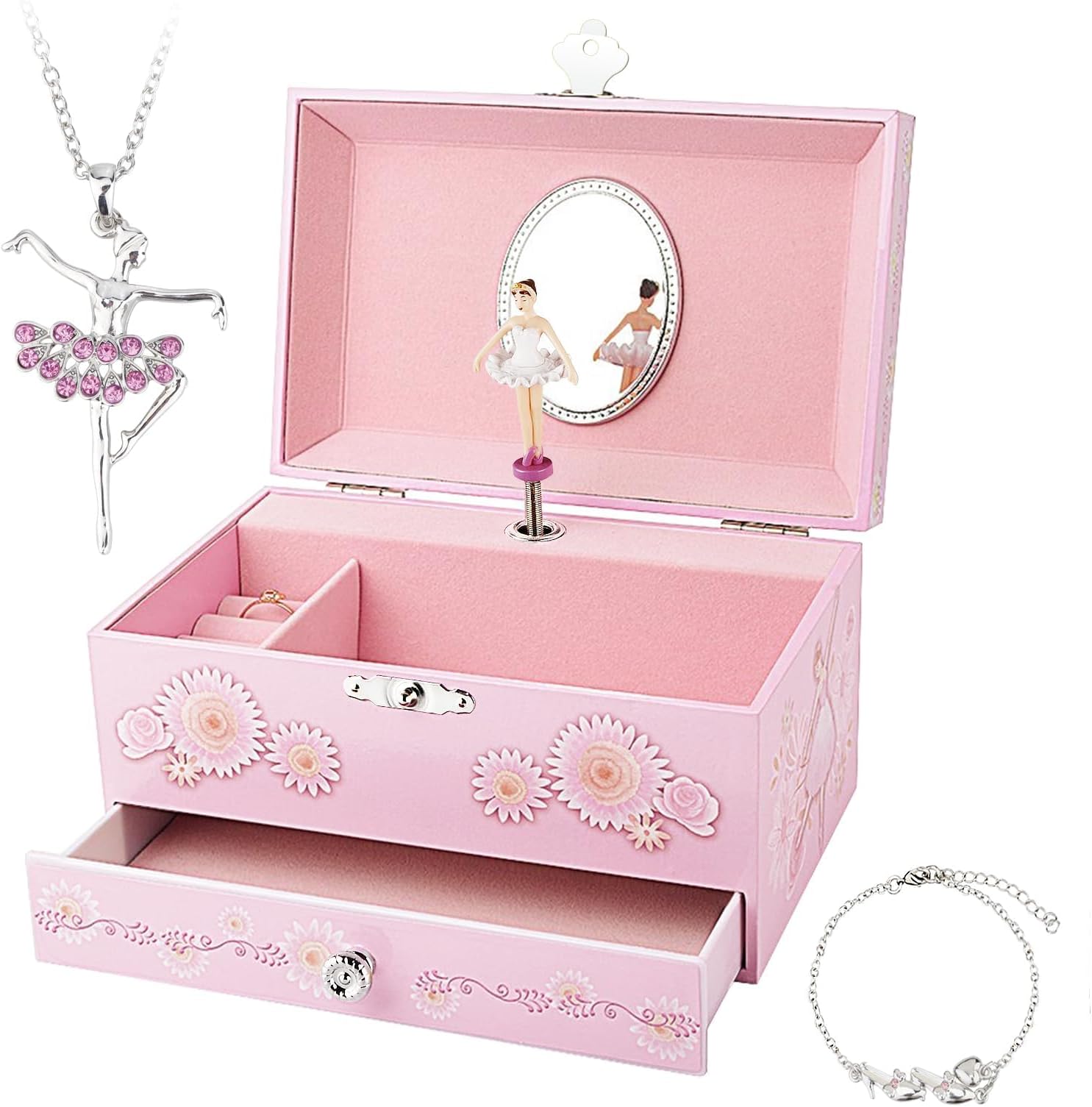 Round Rich Music Jewelry Box and Ballerina Dance Necklaces with Melody is Swan Lake Pink