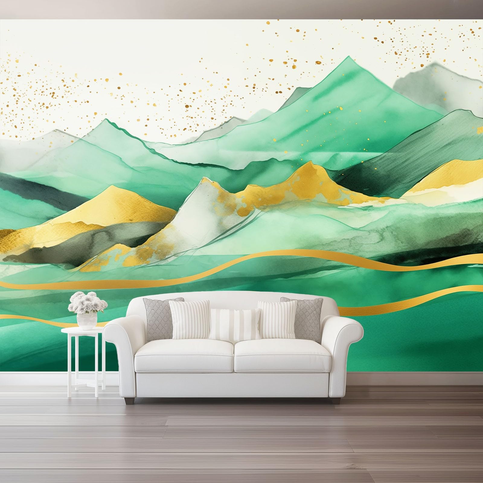 Tapeta 3D z włókniny abstrakcyjne wzgórza z liniami 400 x 280 cm tapeta dekoracja ścienna do salonu sypialnia zielony złoty