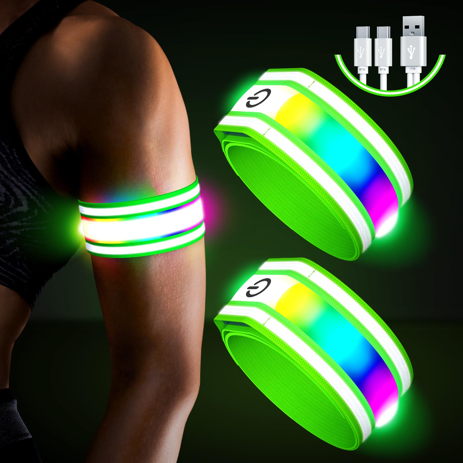 Ylzzrs Fascia da Braccio a LED per Corsa (Confezione da 2), Fasce Luminose per Passeggiate notturne, luci Ricaricabili per corridori, ad Alta visibilità, Riflettenti, Regolabili e Luminose (Green, M)