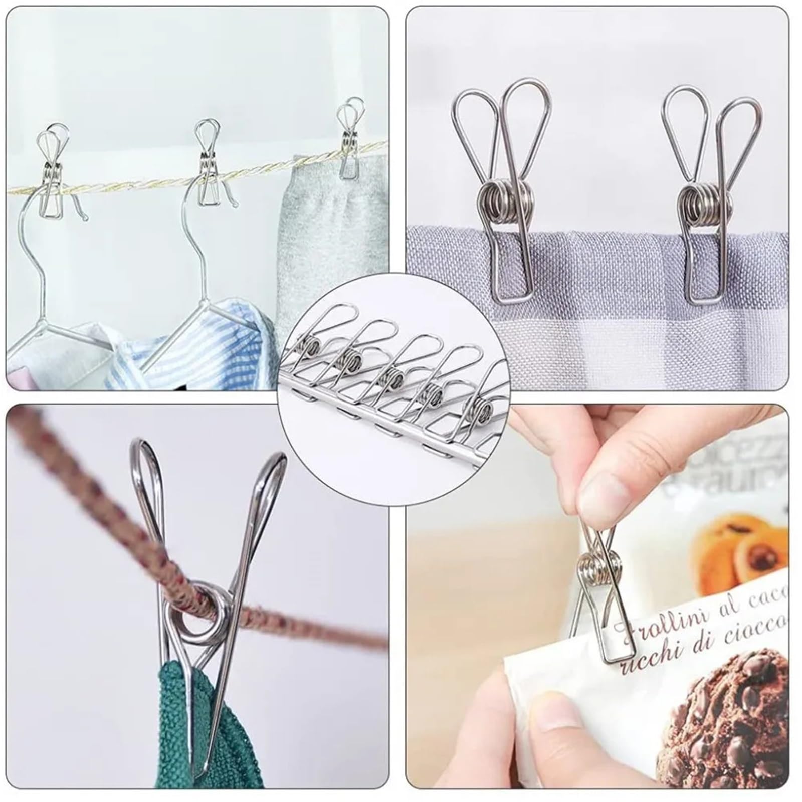 Mollette Per Bucato Mollette for bucato in acciaio inossidabile, 100 pezzi, 6 cm, clip di tenuta, organizer da cucina in metallo, portautensili