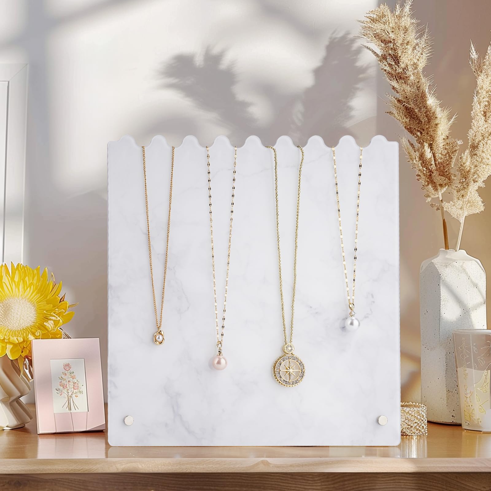 NiHome Stylish Marble Pattern Design Adjustable Height Acrylic Necklace Display Stand, Secure and Stable Back Hooks & Anti-Slip Pegs for Safe Jewelry Organization, Easy Dismantle for Compact Storage