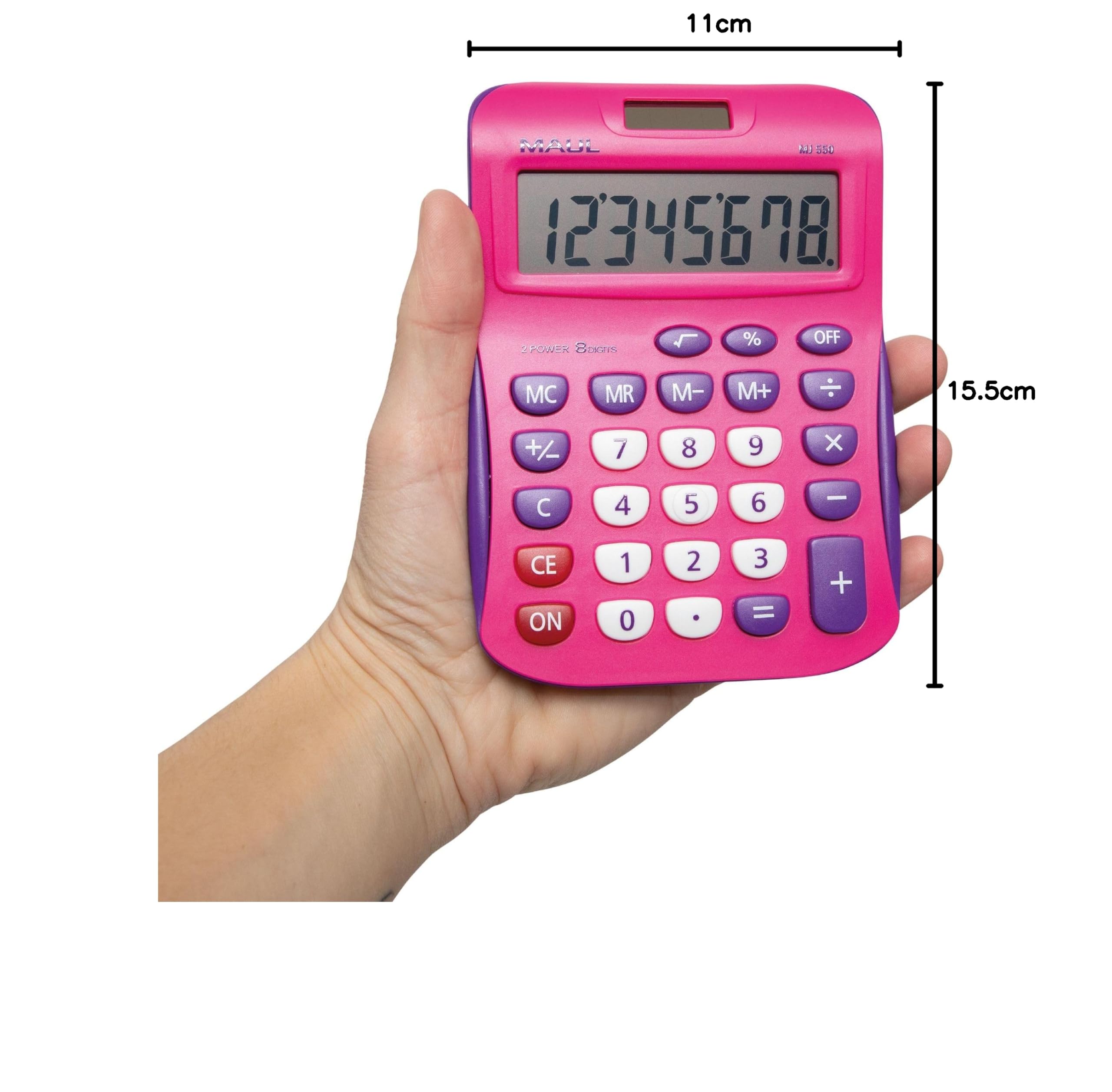 Maul calculadora MJ 450 | Calculadora Rosa con Pantalla de 8 dígitos | Calculadora Solar con utilización de la Pila en la Oscuridad | Calculadora pequeña 15,5 x 11 x 2,5 cm | Rosa