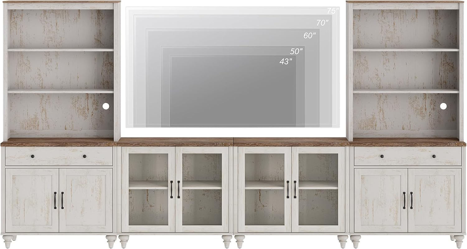 WAMPAT TV Stand with Bookshelves for TVs up to 75", Farmhouse Wall Unit Entertainment Center with Doors & Drawer, Media Console Table for Living Room & Bedroom & Home Theater, Rustic White