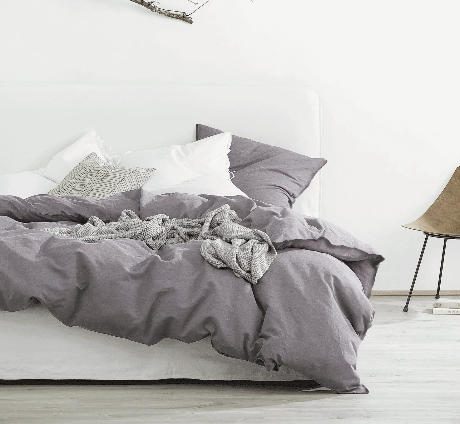 Eikei Washed Cotton Chambray Duvet Cover Solid Color Casual Modern Style Bedding Set Relaxed Soft Feel Natural Wrinkled Look (Dusty Grape, Twin)