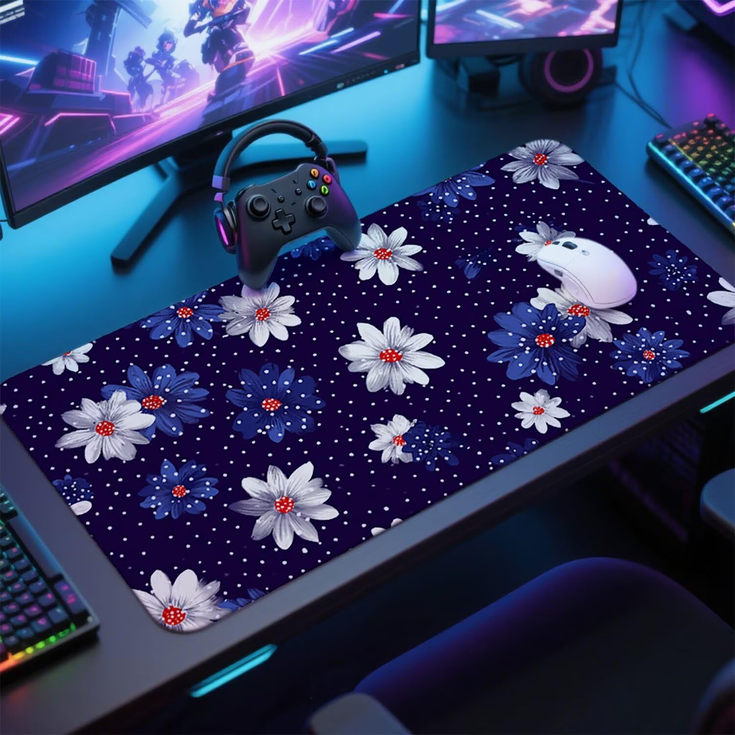 Granatowa podkładka pod mysz podkładka pod mysz do gier XXL 1200 x 600 x 3 mm podkładka pod mysz gumowy kwiat duża podkładka pod rękę dla graczy akcesoria PC antypoślizgowe i wodoodporne, do