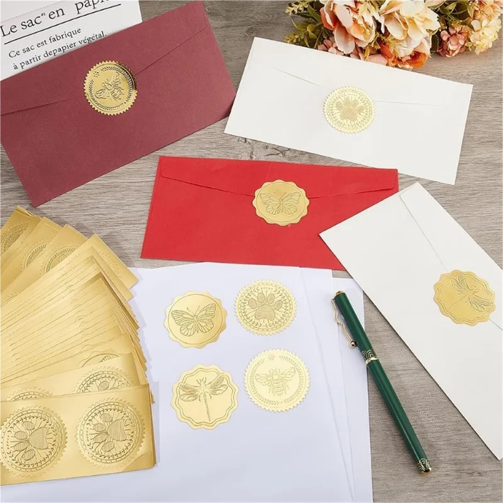 Adesivi per Goffratura 1 borsa 160 pezzi 4 stile buste dorate adesivi zampa ape farfalla libellula certificato sigilli in rilievo lamina 2" autoadesivi rotondi