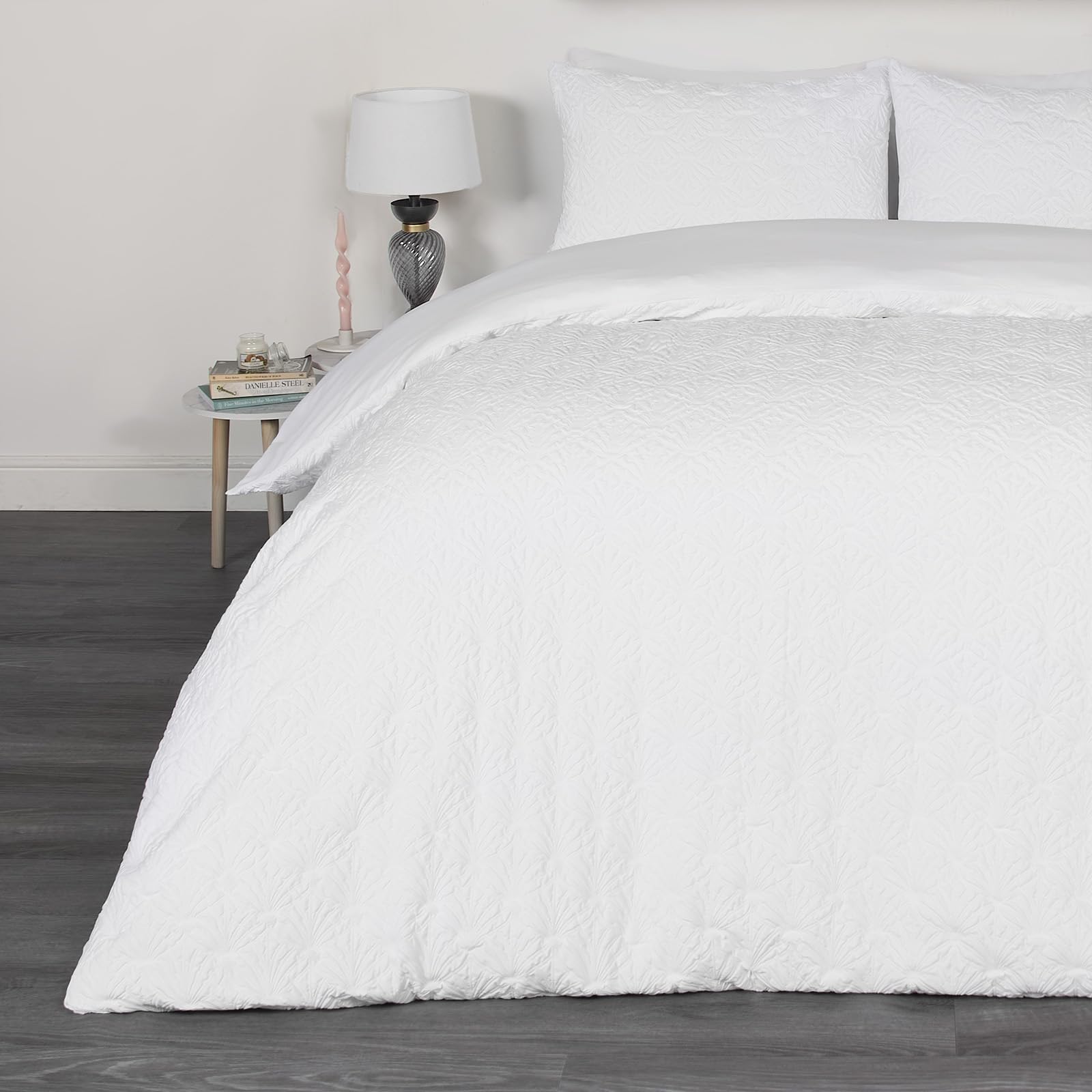 OHS Set di biancheria da letto matrimoniale con motivo geometrico, ultra morbido, decorativo, in rilievo, moderno, di lusso, copripiumino matrimoniale con federe, bianco
