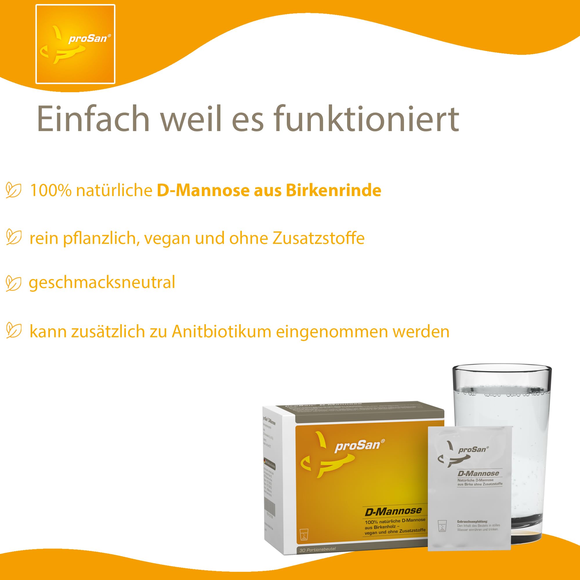 proSan D-Mannose Pulver (Monatspackung: 30 Sachets) | Vegan, 100% Naturbelassen aus Birke, Antibiotikafrei, Praktische Einzeldosen, Frei von Zusatzstoffen