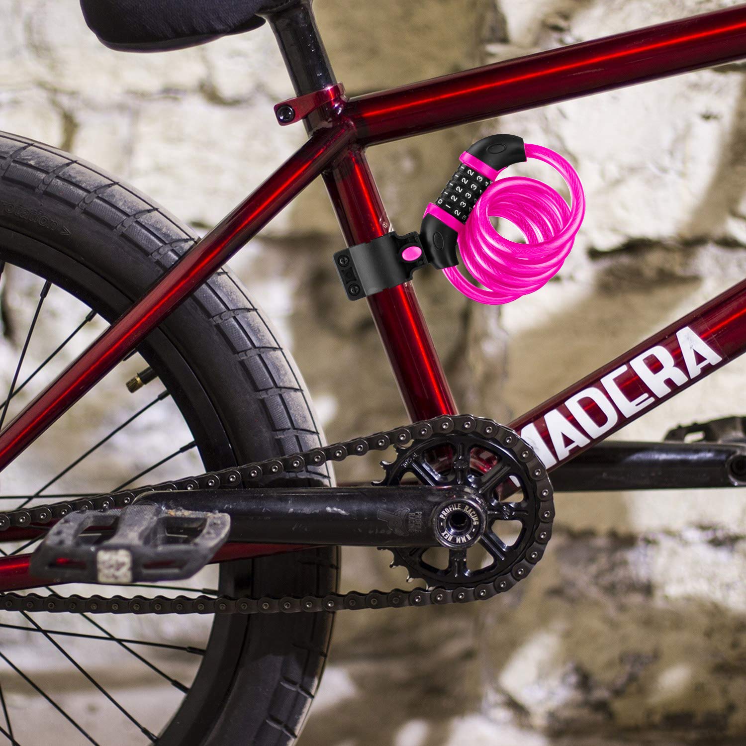 Opaza Lucchetto per Bici, Catena per Bici Alta Sicurezza Lucchetto a 5 Cifre Combinazione Resettabile Cavo di Sicurezza per Bicicletta,Scooters, 1,2 Mx12 mm (Rosa)