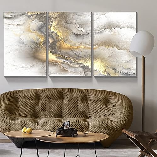 Miniatura 2 de Looife Lienzo abstracto para decoración de pared, de 12 x 16 pulgadas, 3 paneles con patrón de trébol amarillo y gris, impresiones giclée envueltas