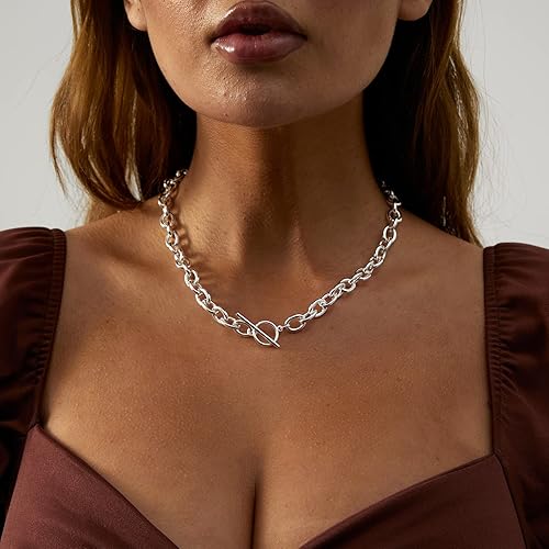 Miniatura 2 de VIROMY Collar grueso de oro chapado en oro de 18 quilates con perlas chapadas en oro de 18 quilates, cadena de eslabones con clip de papel, cadena