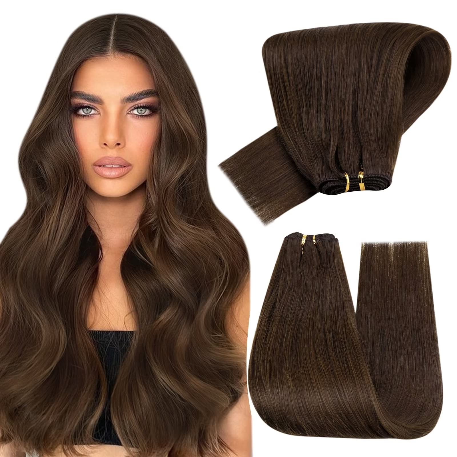 Hetto Human Hair Weft Hair Extensions Straight Real Human Hair Weave Weft Hair Extensions Darker Brown Sew in Hair Extensions Human Hair Natural 12 Inch #4 70g
