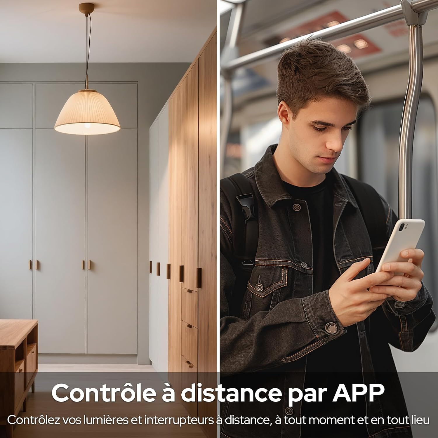A person using a smartphone to remotely control a light switch via an app, with a house exterior in the background at dusk.