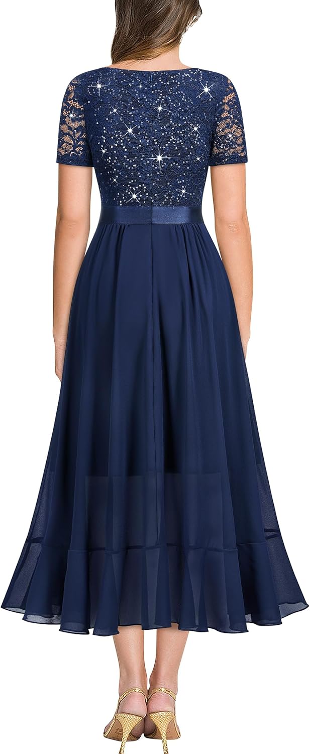 Miusol Women's Elegant V Neck Contrast Sequin Lace Chiffon Ruffle Split Evening Party Dress - Image 2