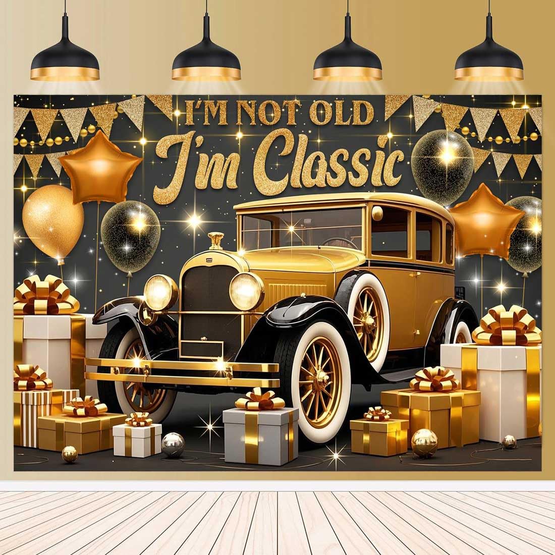 I'm Not Old I'm Classic Backdrop for Funny Birthday Decorations Black Gold Funny Classic Car Happy Birthday Photography Background Adults Retirement