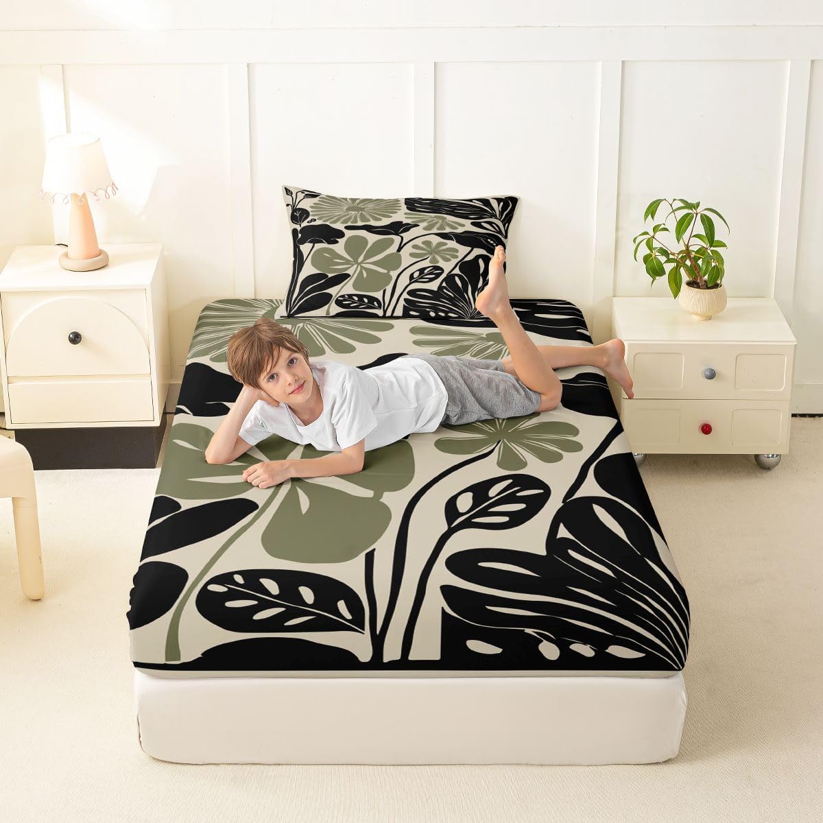 Erosebridal Black Sage Green Flower Bed Sheets Twin Size 2 Piece Abstract Floral Bedding Set for Kids Girls Teens Women Vintage Aesthetic Minimalist Fitted Sheet Groovy Art 70S Modern Sheets image 3