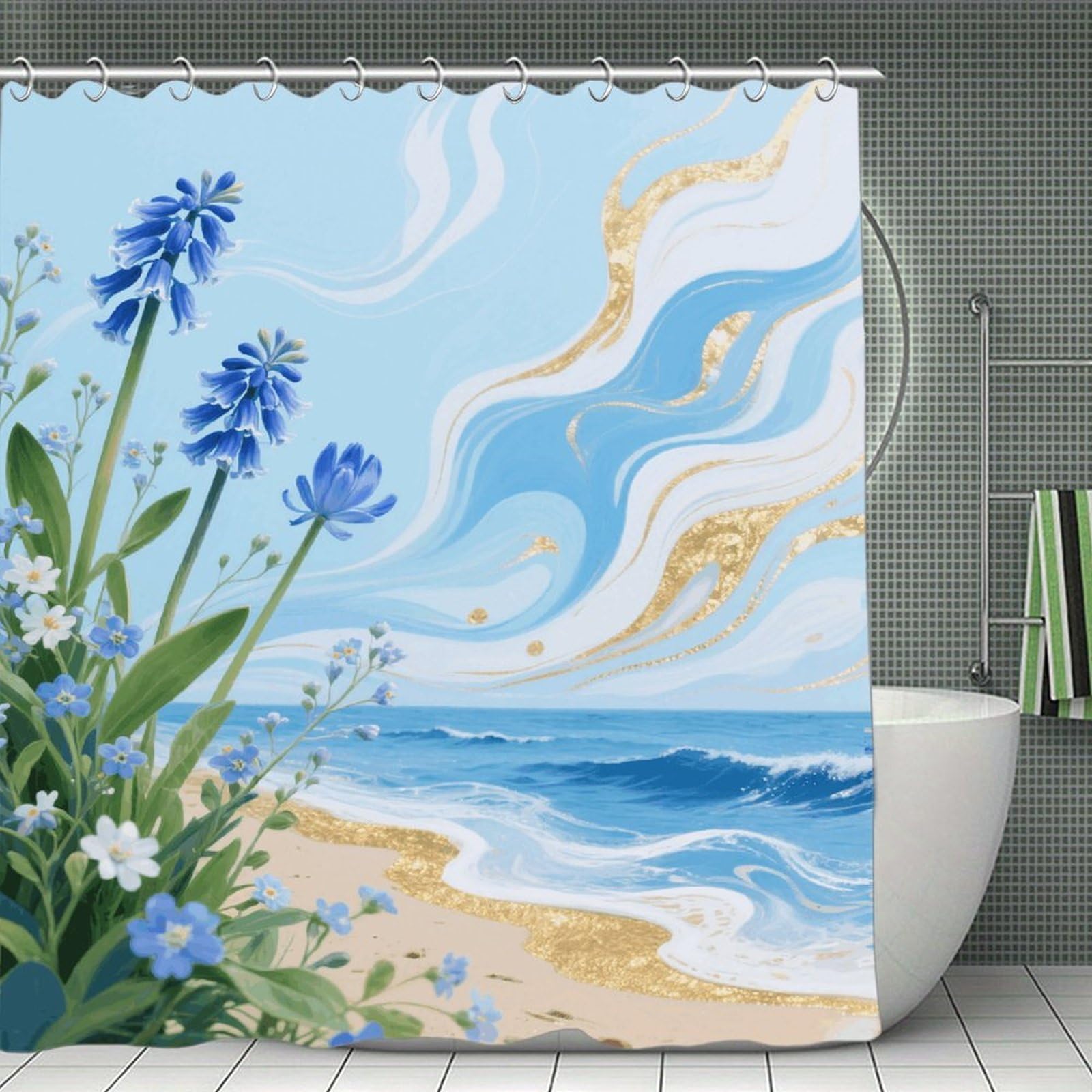 VstaDank Hawaii Floral Blue Shower Curtain Waterproof Bathroom Shower Curtain with C Type Hooks Soft Lightweight Shower Curtains Liner Washable Polyester Cloth Shower Liner 71x71 Inch