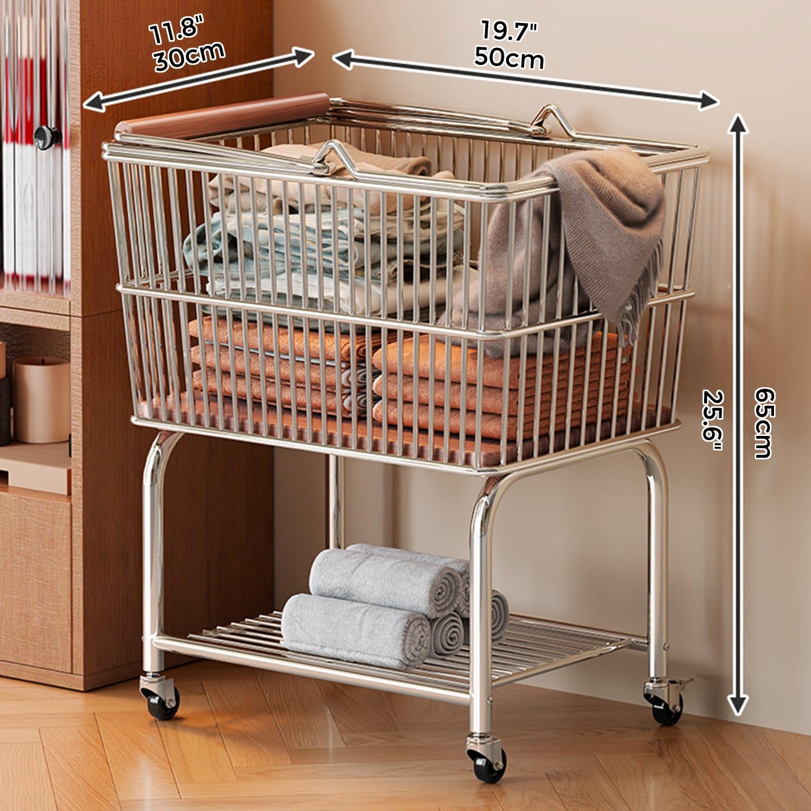 Carrello Portabiancheria Mobile A 2 Livelli, Cesto In Metallo Con Ruote | Manici in legno, ruote girevoli 360°, ideale per bagno, camera e lavanderia(B)