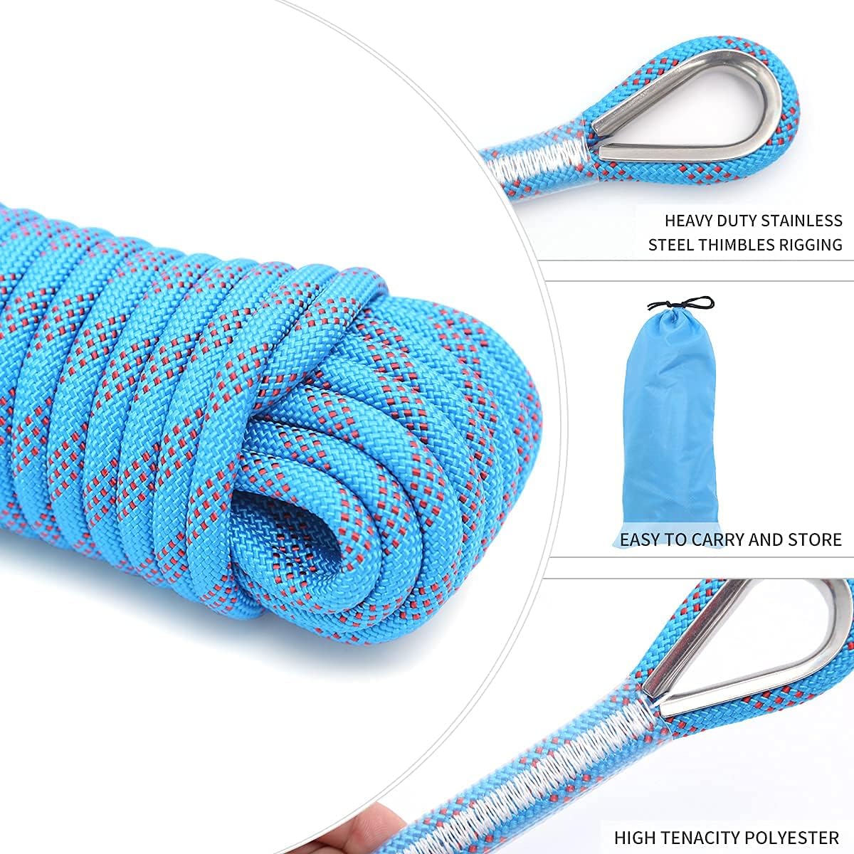 Outdoor Climbing Rope 12MM Diameter 10M(32ft) 20M(64ft) Static Rock Climbing Rope Tree Climbing Rappelling Rope Escape Nylon Rope Ice Climbing Equipment Fire Rescue Parachute Rope with 2 Steel Hooks : Sports & Outdoors