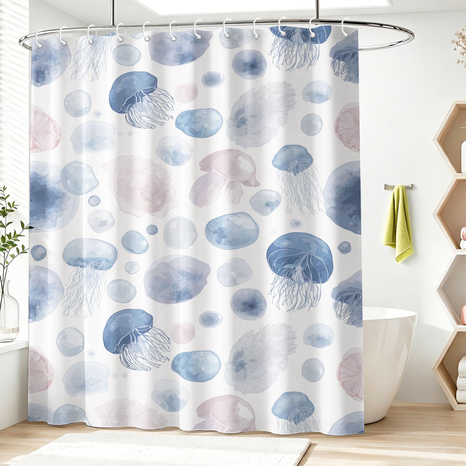 Cortina de ducha de ensueño silenciosa, 200 x 180 cm, etérea, suave, fresca, océano, vida marina, medusas, impermeable, para baño, bañera, lavable a máquina, secado rápido