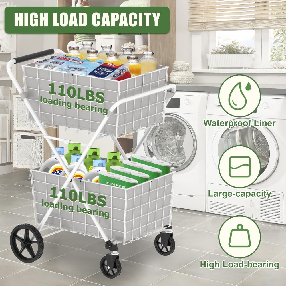 Extra Large 2-Tier Shopping Cart with Wheels, Foldable Grocery Cart with Double Baskets and Waterproof Liner for Home Kitchen Use (White + Metal + Oxford Fabric)