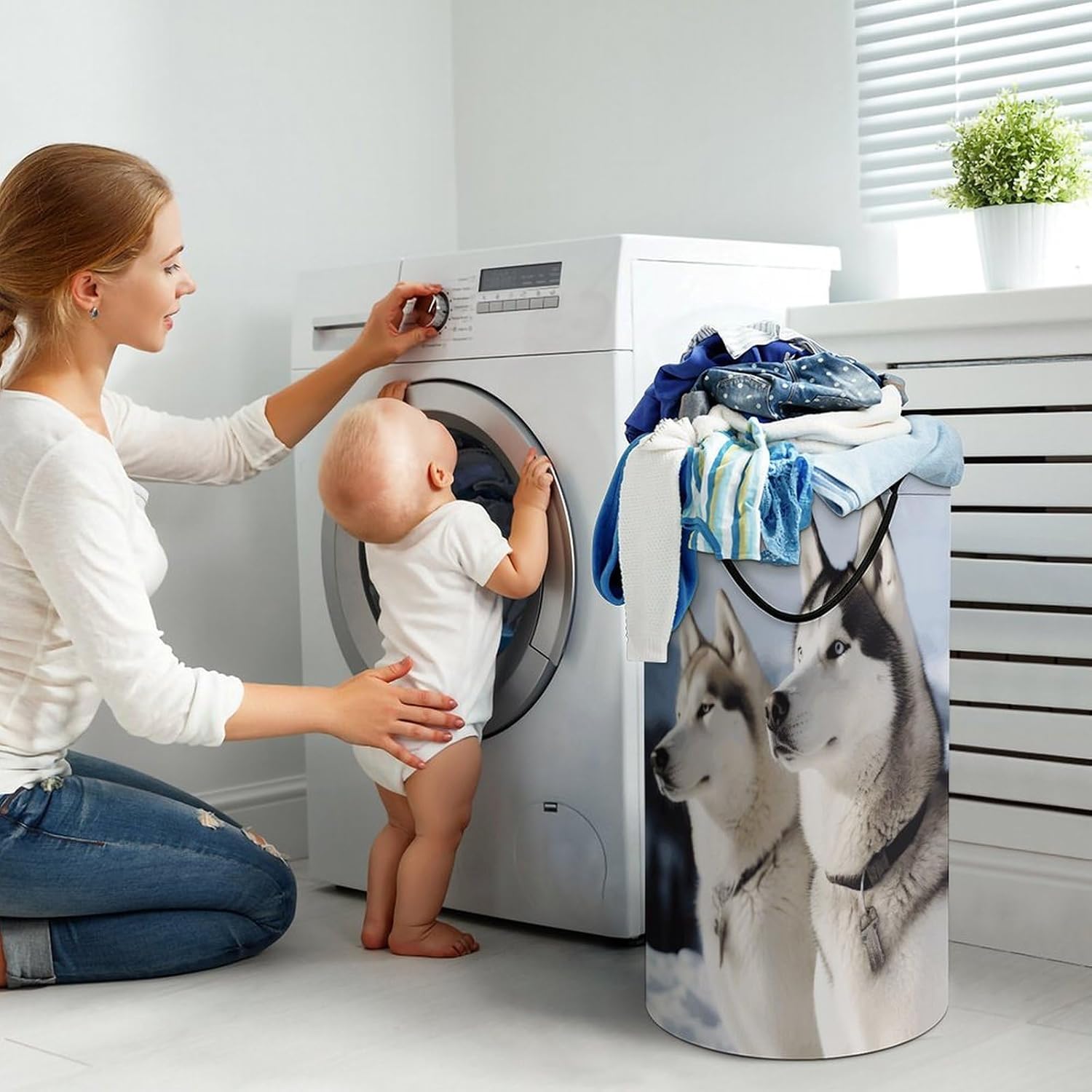 Husky Dogs Laundry Hamper with Handles Waterproof Collapsible Laundry Basket Large Lightweight Round Dirty Clothes Hamper for Home Dorm Bathroom Decor