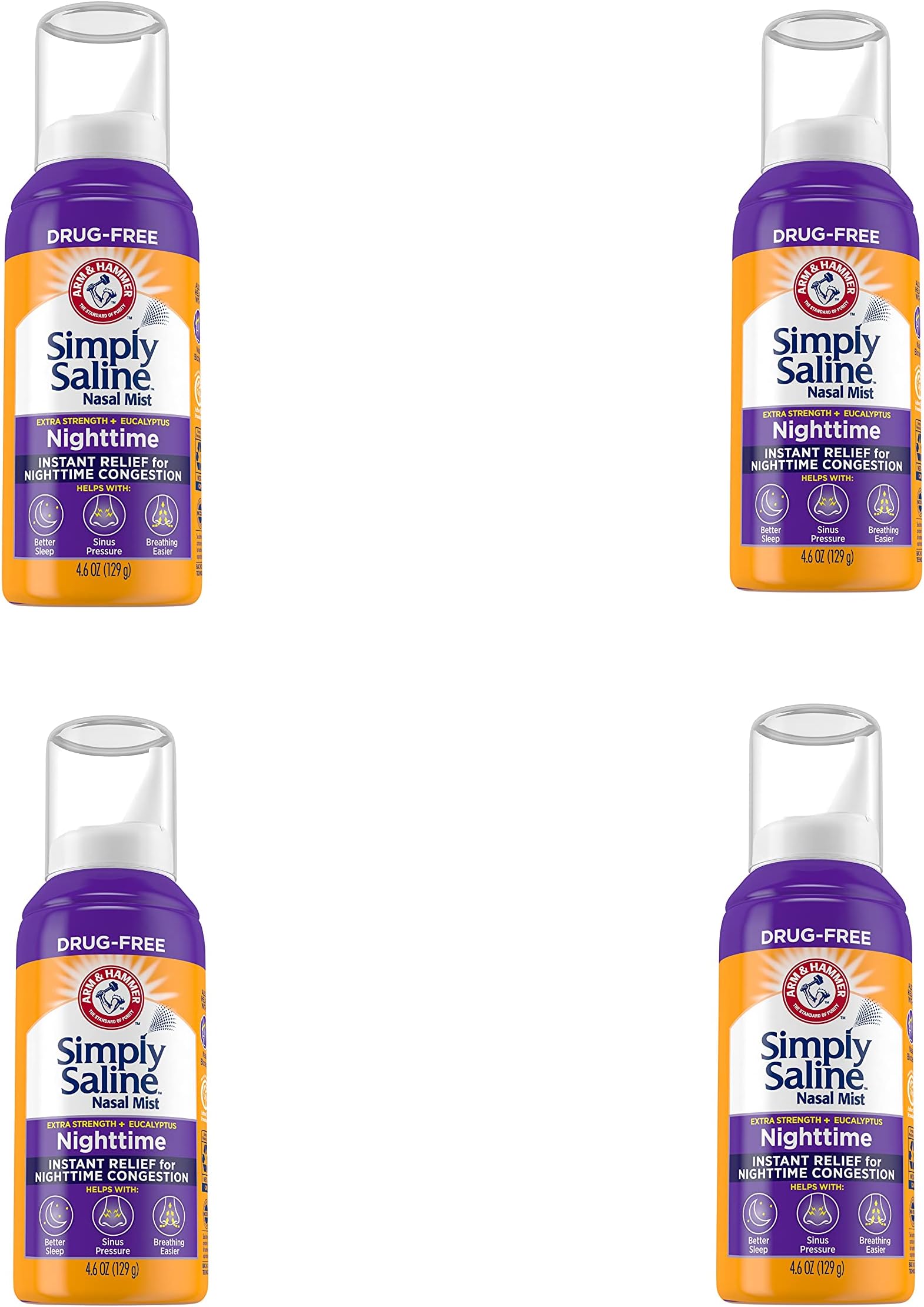 Arm & Hammer Simply Saline Nasal Mist Nighttime Extra Strength Eucalyptus – 4.6 oz (Pack of 4)