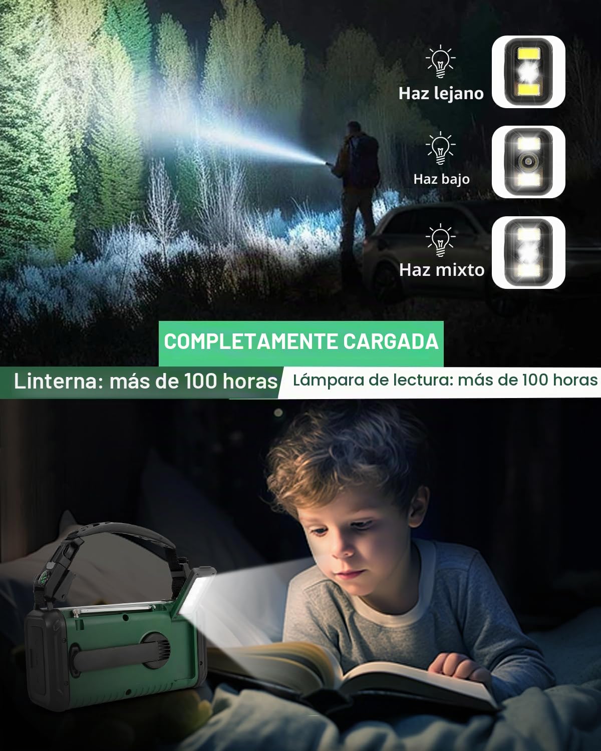 Radio Kurbel de 20000 mAh, radio de notificación solar portátil con amplificador AM/FM, alarma SOS, lámpara de luz LED y lámpara de bolsillo, notificación de caída (Verde militar)