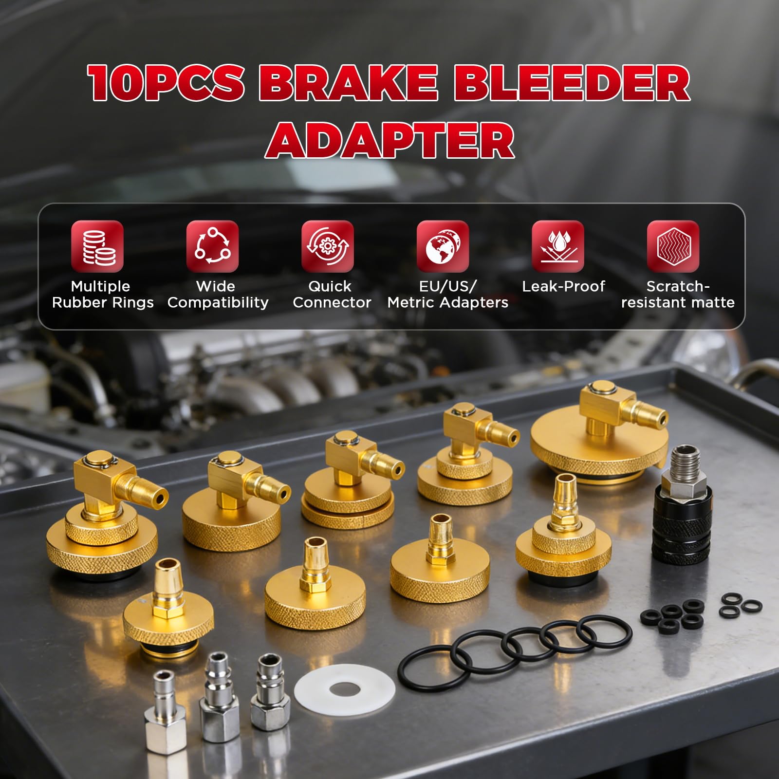 13-TLG Bremsenentlüftungsgerät Adapter mit 4 Quick Adapter, Adapter für Bremsflüssigkeitsbehälter aus Metall für EU/US/métrique/japonais der Bremsenentlüftungs Set