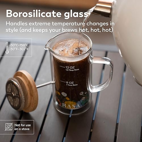 Miniatura 3 de Rasa - Cafetera de prensa francesa de 11.8 fl oz, vidrio de borosilicato de doble pared resistente al calor, sin BPA, 100% libre de plástico